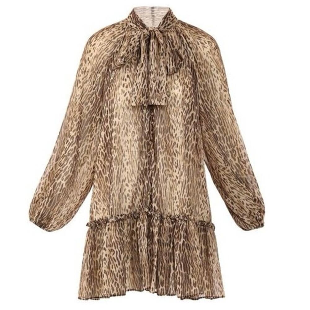 Beulah Style Leopard Ruffle Sheer Mini Dress Size Small Medium